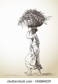 Indian woman carry basket on head, Hand drawn sketch, Vector illustration