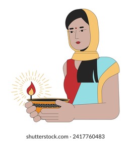 Indian woman carrying diwali diya 2D linear cartoon character. Worship of Lakshmi isolated line vector person white background. Hindu festival of lights Deepawali custom color flat spot illustration