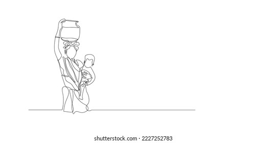 an indian woman carrying water jug ​​on head. continuous line depicting water crisis in india, woman with water vessel on head