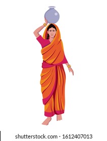 indian woman carrying water on head vector illustration