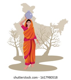 indian woman carrying water on head with india map, drought condition vector illustration