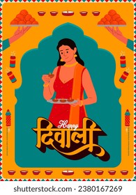 Mujer india celebrando el banner digital del festival Diwali que muestra elementos del festival indio con dulces y luces, hindi y caligrafía marathi. "Shubh Dipavali" significa Feliz Diwali en inglés