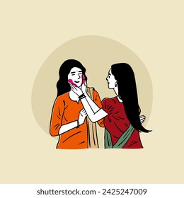 Indian woman celebrating Holi festival, playing with colours editable hand drawn style vector illustration 