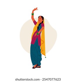 Indian woman celebrating Lohri festival, Illustration of Punjabi woman in traditional attire.