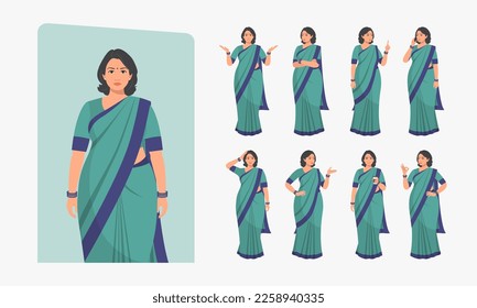 Indian woman character set. Middle aged lady,Character Different poses and emotions