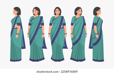 Indian woman character set. Middle aged lady, Character Front, side, view and explainer animation poses
