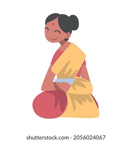 Indian Woman Character Wearing Sari Sitting on the Floor with Bowl Having Meal Vector Illustration
