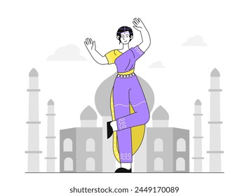 Indian woman at city linear. Young girl in traditional asian outfit near buildings with dome. Singer and dancer at urban streets of India. Doodle flat vector illustration isolated on white background