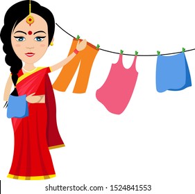 Indian woman with clothes, illustration, vector on white background.