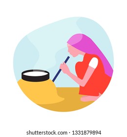 Indian Woman Cooking Food With Traditional Way Of Baking On Chulha — Open Fire Stove Vector Illustration Flat Style.