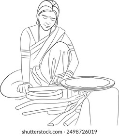 Indian woman cooking food with traditional way, hand drawn in thin line style