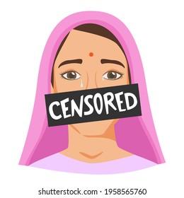 Indian woman crying, female victim of domestic abuse and aggression, speaking about suffering from gender-based physical and mental violence is censored, bad awareness about harassment. Vector
