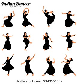 Indian woman dancer vector illustration set.