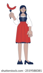 Indian woman in dirndl holding grilled sausage 2D cartoon character. South asian female tourist visiting oktoberfest isolated person flat vector on white background. Spot illustration colorful