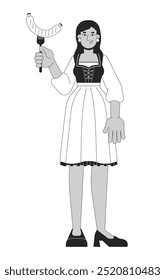 Indian woman in dirndl holding grilled sausage black and white 2D line character. South asian female tourist visiting oktoberfest isolated vector outline person. Monochromatic spot illustration