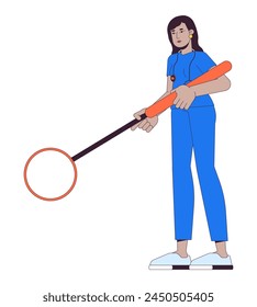 Indian woman doctor with magnifying glass 2D linear cartoon character. Female therapist conducting exam isolated line vector person white background. Medicine color flat spot illustration