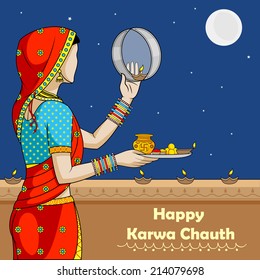 Indian woman doing Karwa Chauth ceremony in vector