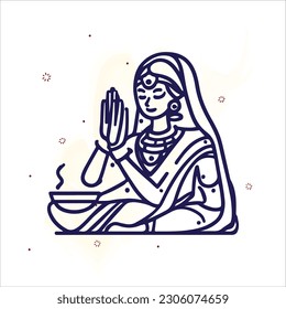 Indian Woman Doing puja line art vector 