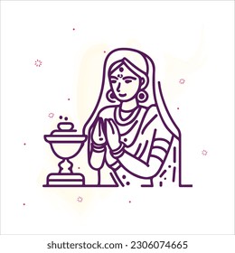 Indian Woman Doing puja line art vector 