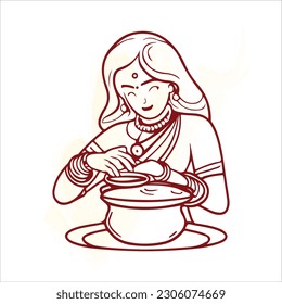 Indian Woman Doing puja line art vector 