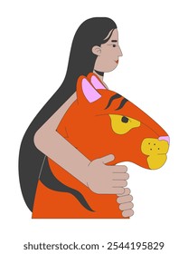 Indian woman embracing tiger head 2D cartoon character. Animal guardian. South asian female hugging wildcat predator isolated person flat vector on white background. Spot illustration colorful