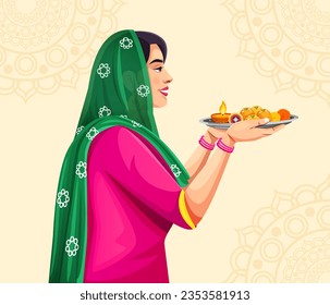 Indian Woman in ethnic cloth holding decorated puja thali for Raksha Bandhan. Festival Background Design with Creative Rakhi. Indian festival concept