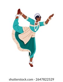Indian woman in ethnic clothes moves hands and legs, stands in odissi pose. National dancer is in sari, performs. Traditional performer of India. Flat isolated vector illustration on white background