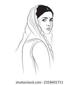 Indian woman face art, Vector drawing of Indian Lady, Punjab woman vector illustration