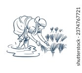 Indian woman farming in the water field, Vector illustration 
