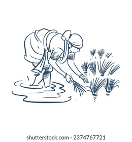 Indian woman farming in the water field, Vector illustration 