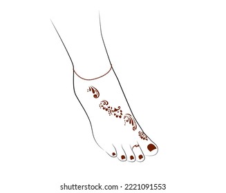 Indian woman feet line drawing with mehendi design, toe ring and anklet isolated on white background - vector illustration