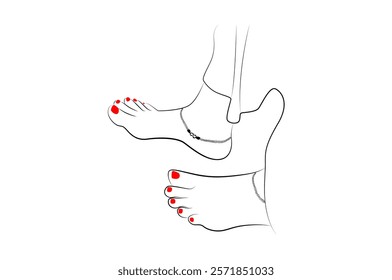 Indian woman feet with Red nails and anklets line drawing isolated on white background - vector illustration