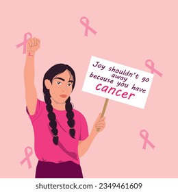 Indian woman fighting with breast cancer. Joy shouldn't go away becouse you have cancer. Vector illustration