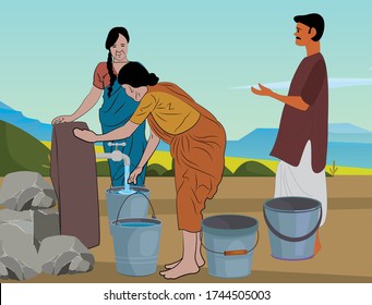 Indian woman filling water buckets outdoor