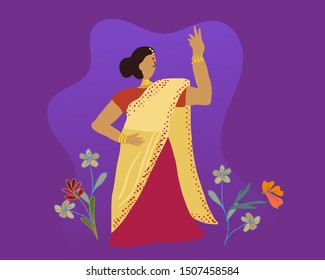 Indian woman with flower decoration for Diwali festival celebration in India. Vector flat illustration.