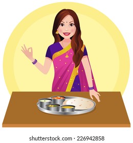 Indian woman with Indian food on table