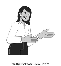 Indian woman friendly manager black and white 2D line cartoon character. Cheerful female boss isolated vector outline person. Saleswoman smiles. Brunette business lady monochromatic spot illustration