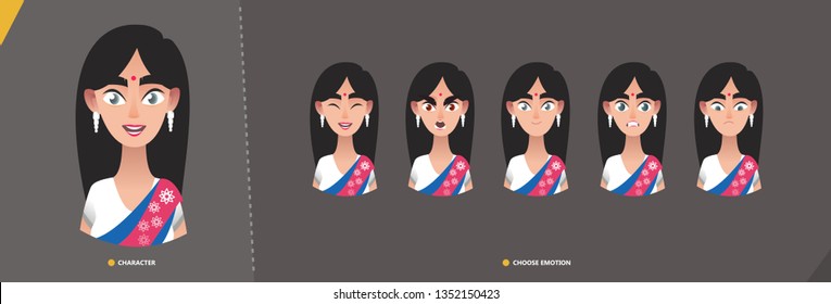 Indian woman girl character set of emotions. Young cartoon  character man for animation and motion design.  Set emotion faces in cartoon style