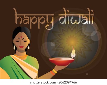 Indian woman (girl) holding an oil lamp against the background of rangoli on the wall. Vector illustration for celebration of the Festival of lights with the inscription Happy Diwal