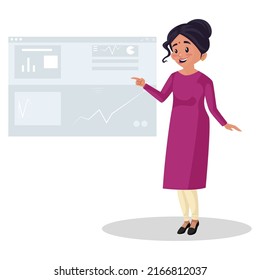 Indian woman is giving presentation. Vector graphic illustration. Individually on a white background.	