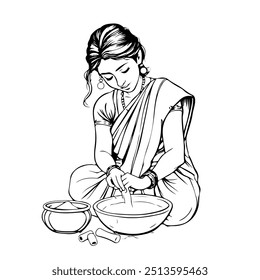 Indian woman grinding masala in traditional way