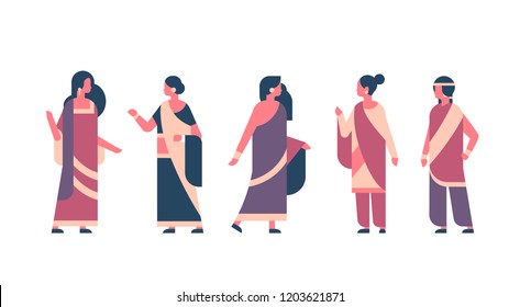 indian woman group wearing national traditional clothes hindu women celebration concept female cartoon character full length isolated horizontal flat vector illustration