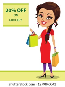 An Indian woman has shopped a lot of grocery and vegetables from a grocery sale 20%. The message in the sale section can be changed to suit your messaging.