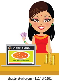 An Indian woman has started her own recipe channel and is making money out of her video channel. She is holding Indian currency in her hands and there are gold coins on her table