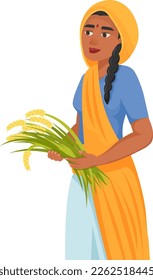 Indian woman hold rice crops. Female farmer isolated on white background