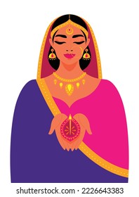 Mujer india sosteniendo una lámpara de arcilla iluminada para el festival de luces Diwali. Brillante y hermosa chica con traje nacional. Lámpara de petróleo encendida durante la celebración del Diwali indio. Ilustración vectorial moderna.