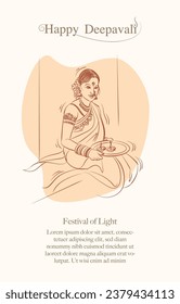 indian woman holding diwali lamp vector line drawing illustration