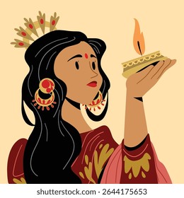 Indian Woman Holding Diya Lamp Illustration for Diwali Celebration