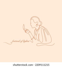 Indian Woman Holding Diya Line Drawing Vector Illustration