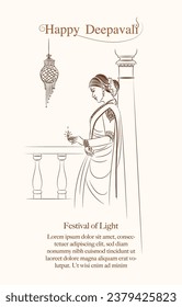 indian woman holding lamp vector line drawing illustration